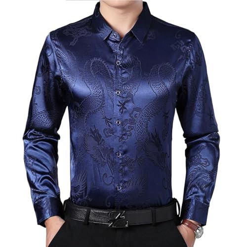 CAMDOM Herren Seidenhemd 3D Drachen Druck Langärmelig Hemd Abschlussball Party Button Down Satin Hemden Elegant Slim Fit Business Casual Hochzeit Anzug Hemd Atmungsaktiv Bequem von CAMDOM