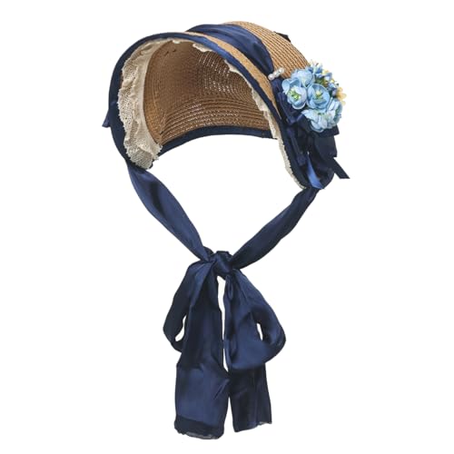 CAMDOM Sommer Strohhut für Mädchen mit Dunkelblaue Schleife Blumenstickerei,Marineblau,Einheitsgröße von CAMDOM