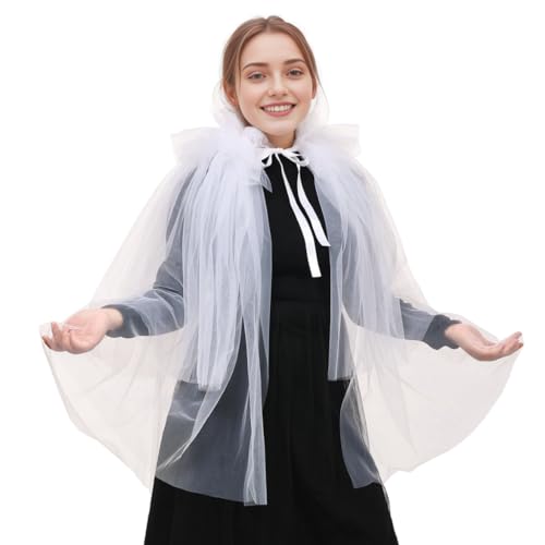 CAMDOM Viktorianischer Tüll Rüschen Kragen Renaissance Elizabethanischer Hals Tüll Umhang, Weiß für Erwachsene Frauen und ältere Teenager-Mädchen von CAMDOM