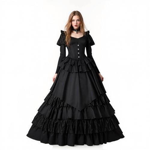 CAMDOM Viktorianisches Gothic Ballkleid Langarm Mittelalter Court Abendkleid, Schwarz , L von CAMDOM
