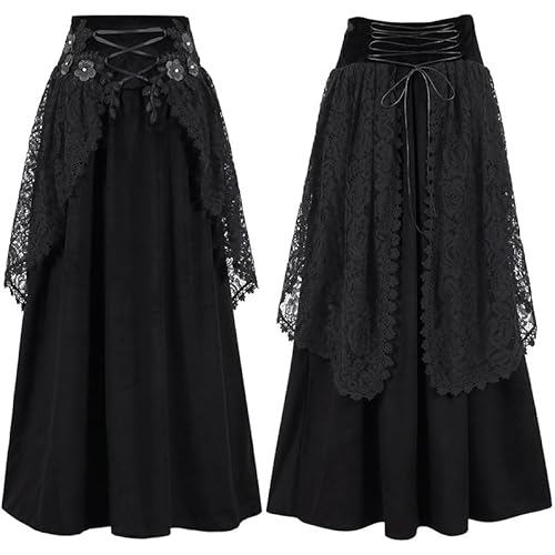Gothic Spitzenrock Samt Mesh Frauen Renaissance Röcke Hohe Taille Halloween Kostüm, Schwarz , 36 von CAMDOM