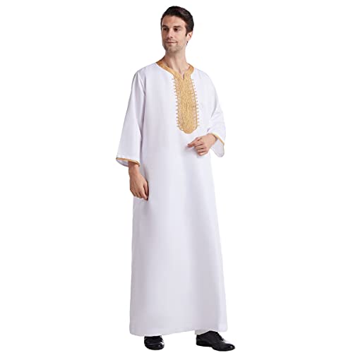 Herren Muslimische Roben Casual Kaftan Kleid Thobe Roben Plus Größe Abaya Langes Kleid Robe, weiß, L von CAMDOM