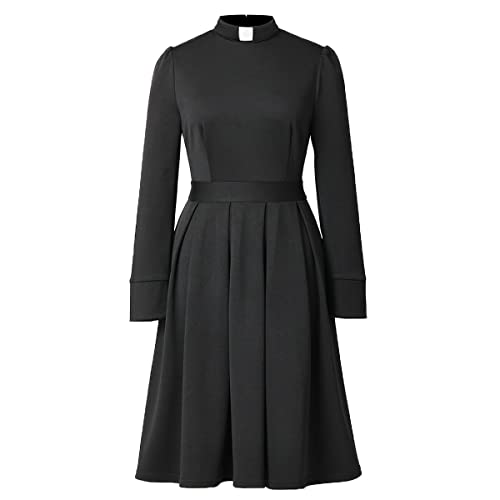 Katholische Kirche Priester Kleid für Frauen Herbst/Winter Langarm A Linie Plissee Kleid mit Lasche Einsatz Stehkragen von CAMDOM