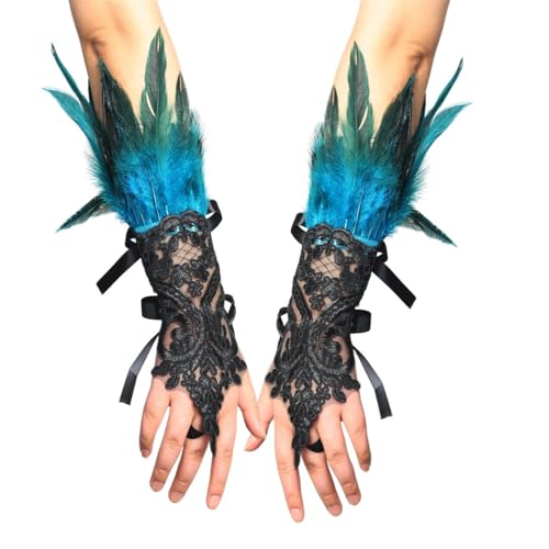 Steampunk Federmanschette Handschuhe pfau kostüm fascinator Vintage Spitze fingerlose Armkette,pfauenfeder von CAMDOM