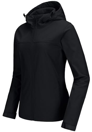 CAMEL CROWN Damen Softshelljacke mit Kapuze Fleece gefüttert Outdoor Jacken Winddicht Wasserdicht für Wandern Laufen - Schwarz - 3X-Groß von CAMEL CROWN