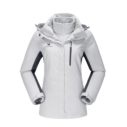 CAMEL CROWN Damen wasserdichte Skijacke 3 in 1 Wintermantel Windbreaker Snowboardjacken für Regen Schnee Outdoor Wandern, Hellgrau, L von CAMEL CROWN