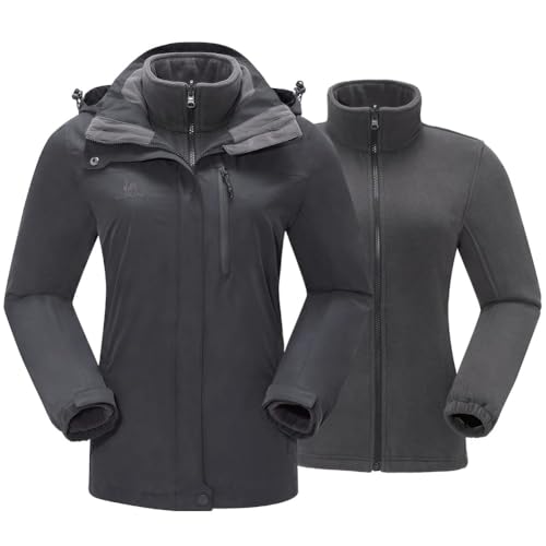 CAMEL CROWN Damen wasserdichte Skijacke 3 in 1 Wintermantel Windbreaker Snowboardjacken für Regen Schnee Outdoor Wandern, grau dunkel, 3XL von CAMEL CROWN