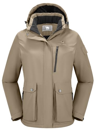 CAMEL CROWN Damen wasserdichte Skijacke Warm Winter Schnee Mantel Wandern Windbreaker Kapuze Outdoor Snowboardjacke, Braun, S von CAMEL CROWN