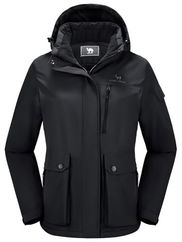CAMEL CROWN Damen wasserdichte Skijacke Warm Winter Schnee Mantel Wandern Windbreaker Kapuze Outdoor Snowboardjacke, Schwarz, Medium von CAMEL CROWN