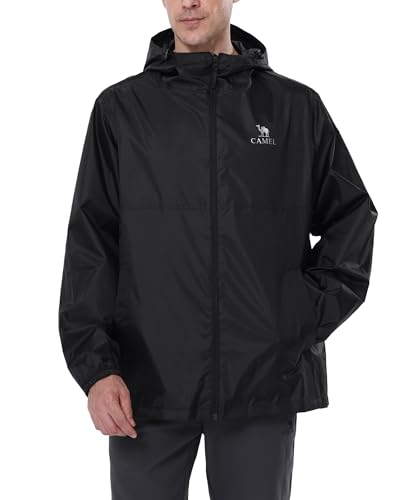 CAMEL CROWN Herren-Regenjacke, wasserdicht, leicht, winddicht, Regenmantel mit Kapuze, für Radfahren, Wandern, Laufen, Golf, Schwarz, XX-Large von CAMEL CROWN