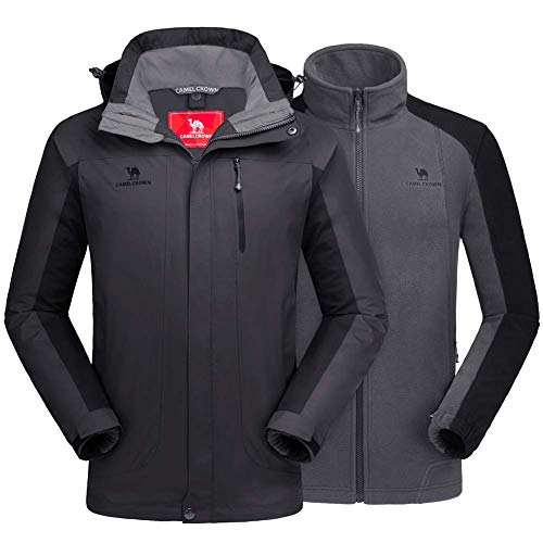 CAMEL CROWN Herren Skijacke 3 in 1 Wasserdicht Winterjacke Schneejacke Winddicht Kapuze mit Innen Warm Fleece Mantel, grau dunkel, M von CAMEL CROWN
