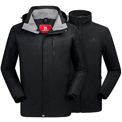 CAMEL CROWN Herren Skijacke 3 in 1 Wasserdichte Winterjacke Schneejacke Winddicht Kapuze mit Innen Warm Fleece Mantel, Schwarz 1, Medium von CAMEL CROWN