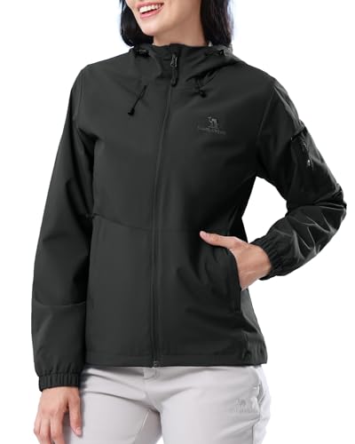 CAMELSPORTS Damen Regenjacke Leichte Windbreaker Kapuze Regenmantel Winddicht Mantel Shell für Outdoor Wandern, Schwarz, L von CAMELSPORTS