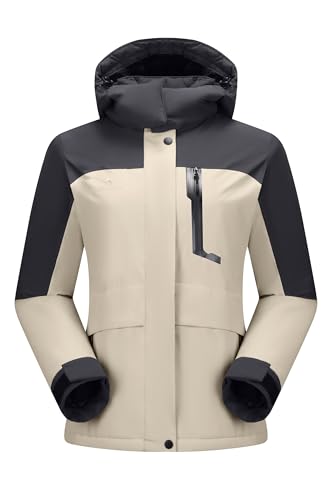 CAMELSPORTS Damen Wasserdicht Schnee Ski Jakcet Fleece Warm Wintermantel Kapuze Winddicht Isoliert Snowboardjacke, B-beige, Large von CAMELSPORTS