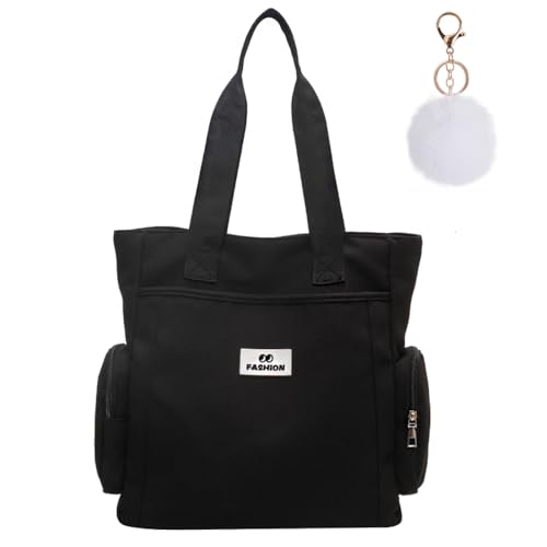 CAMILIFE Canvas Umhängetasche Damen mit Reißverschluss Lässige Shopper Tote Bag School Henkeltasche Stofftasche Alltagstaschen für Arbeit, Reisen, Einkaufen (Schwarz-Tote1) von Camilife