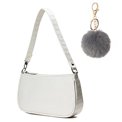 CAMILIFE Handtasche Damen Vintage, Umhängetasche mit Schickem Krokoprägung-Druck, Kleine Umhängetasche Damen,Damen Schultertasche,Frau Vintage Shoulder Mini Bag (Weiß-Haarballen) von Camilife