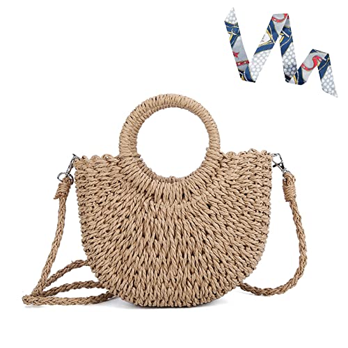 CAMILIFE Sommer Stroh Handtasche Damen Handgewebte Tasche, Damen Stroh Umhängetasche Runder Top Griff Retro Strand Umhängetasche Crossbody für Frauen Reisen Urlaub(Braun) von Camilife