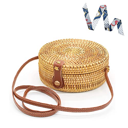 Camilife Taschen für Sommer Strand, Rund Rattan Tasche Kreis Strohbeutel Handgefertigte Tasche Weben Korb Handgewebte Tasche Sommer-Strandtasche Schultertasche Umhängetasche für Damen von Camilife