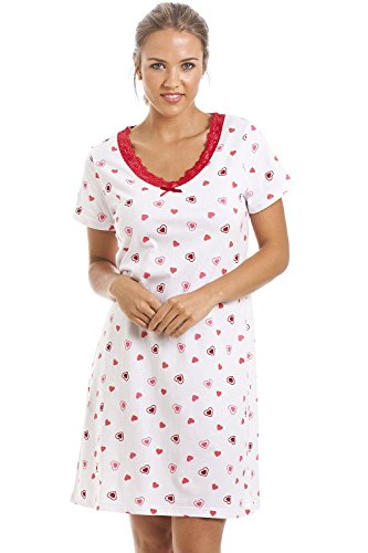 Camille and Print Sommer-Nachthemd aus glatter, weicher Baumwolle Gr. 46/48 DE, White Heart von Camille