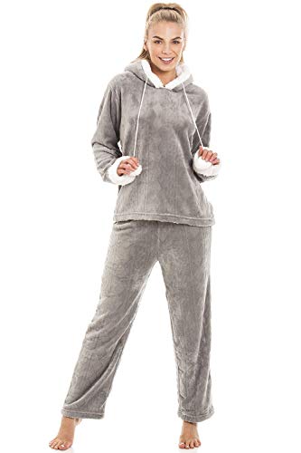 Camille Damen Schlafanzug aus weichem Fleece mit Kapuze 38/40 Grey von Camille