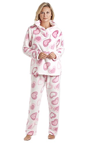 Camille Weiß Supersoft Fleece Pink Heart Print Pyjama Set 42-44 von Camille