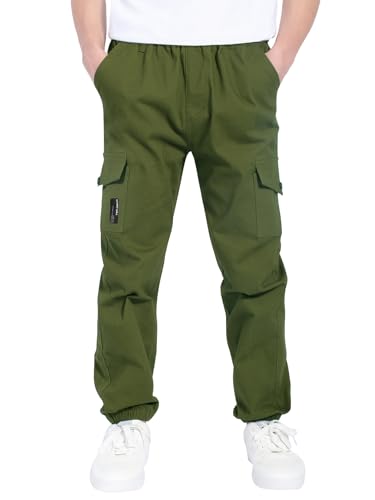 CAMLAKEE Cargohose Jungen Jogginghose Kinder Cargo Hosen Jungs Arbeitshose mit Elastischem Bund Armee Grün DE: 152-158 (Herstellergröße 150) von CAMLAKEE