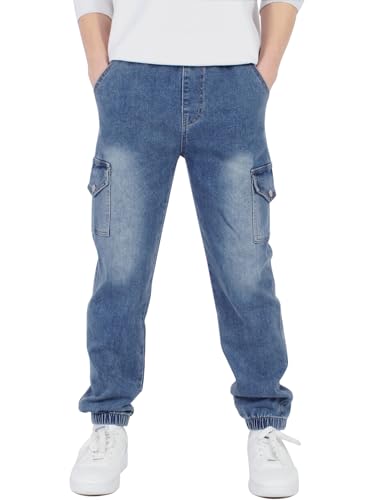 CAMLAKEE Cargohose Jungen Jogginghose Kinder Cargo Hosen Jungs Arbeitshose mit Elastischem Bund Denim DE: 128-134 (Herstellergröße 130) von CAMLAKEE