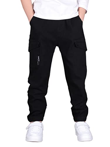 CAMLAKEE Cargohose Jungen Jogginghose Kinder Cargo Hosen Jungs Arbeitshose mit Elastischem Bund Schwarz DE: 128-134 (Herstellergröße 130) von CAMLAKEE