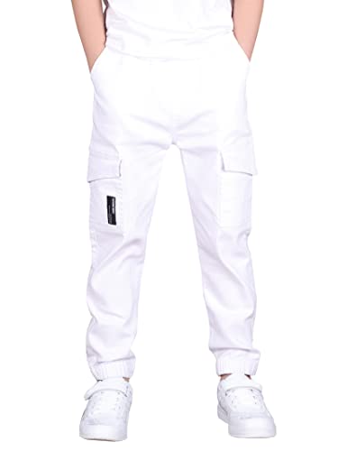 CAMLAKEE Cargohose Jungen Jogginghose Kinder Cargo Hosen Jungs Arbeitshose mit Elastischem Bund Wei?DE: 140-146 (Herstellergröße 140) von CAMLAKEE