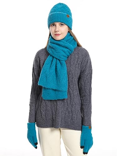 CAMLAKEE Damen Mütze Schal Handschuhe Set Frauen Winter Beanie Wintermütze DamenSchal Handschuh für Teenager Mädchen Blau von CAMLAKEE