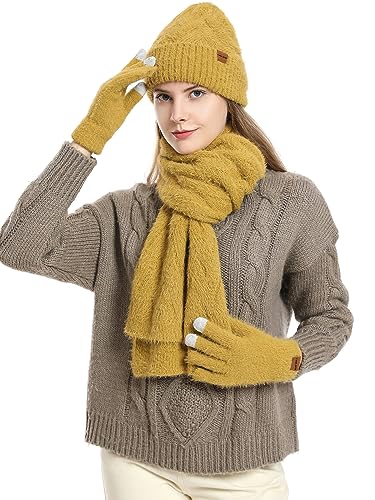 CAMLAKEE Damen Mütze Schal Handschuhe Set Frauen Winter Beanie Wintermütze DamenSchal Handschuh für Teenager Mädchen Gelb von CAMLAKEE