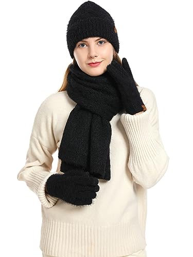 CAMLAKEE Damen Mütze Schal Handschuhe Set Frauen Winter Beanie Wintermütze DamenSchal Handschuh für Teenager Mädchen Schwarz von CAMLAKEE