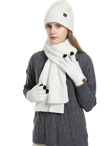 CAMLAKEE Damen Mütze Schal Handschuhe Set Frauen Winter Beanie Wintermütze DamenSchal Handschuh für Teenager Mädchen Weiß von CAMLAKEE