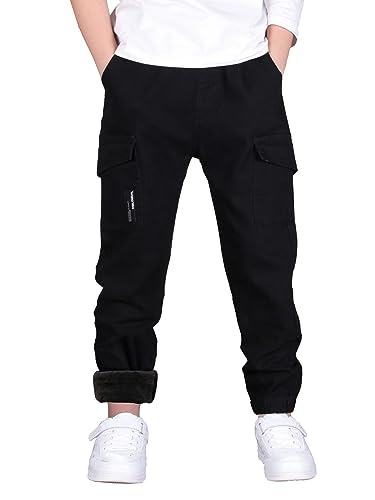 CAMLAKEE Jogginghose Gefüttert Jungen Warme Hosen Kinder Thermohose Winter Fleece Cargohose Schwarz Fleece DE: 152-158 (Herstellergröße 150) von CAMLAKEE