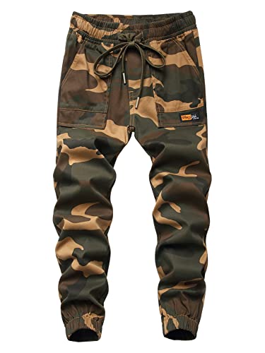 CAMLAKEE Jungen Cargohose Camouflage Kinder Jogginghose Cargo Jogger Hose mit mit Kontrastdetails und Gummizug Camo Gelb DE: 140 (Herstellergröße 140) von CAMLAKEE