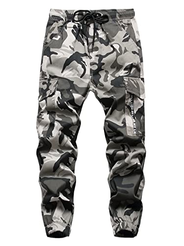 CAMLAKEE Jungen Cargohose Camouflage Kinder Jogginghose Tarnhose Cargo Jogger Hose mit Gummizug Camo Grau DE: 158 (Herstellergröße 160) von CAMLAKEE