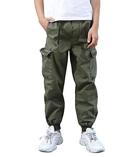 CAMLAKEE Jungen Cargohose Kinder Jogginghose Slim Fit Cargo Jogger Hose mit Elastischem Bund Armeegrün DE: 140 (Herstellergröße 12) von CAMLAKEE