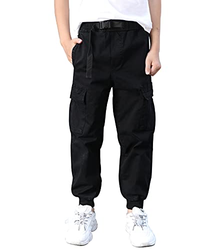 CAMLAKEE Jungen Cargohose Kinder Jogginghose Slim Fit Cargo Jogger Hose mit Elastischem Bund Schwarz DE: 152 (Herstellergröße 14) von CAMLAKEE