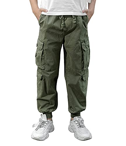 CAMLAKEE Jungen Cargohose Slim Fit Skaterhose Kinder Jogger Hose mit Mehreren Taschen und Gummizug Armeegrün DE: 116 (Herstellergröße 6) von CAMLAKEE