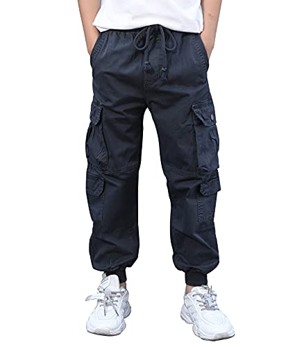 CAMLAKEE Jungen Cargohose Slim Fit Skaterhose Kinder Jogger Hose mit Mehreren Taschen und Gummizug Dunkelblau DE: 122 (Herstellergröße 8) von CAMLAKEE