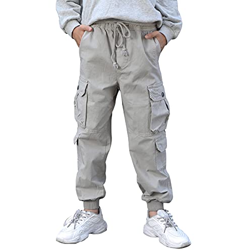 CAMLAKEE Jungen Cargohose Slim Fit Skaterhose Kinder Jogger Hose mit Mehreren Taschen und Gummizug Hellgrau DE: 116 (Herstellergröße 6) von CAMLAKEE