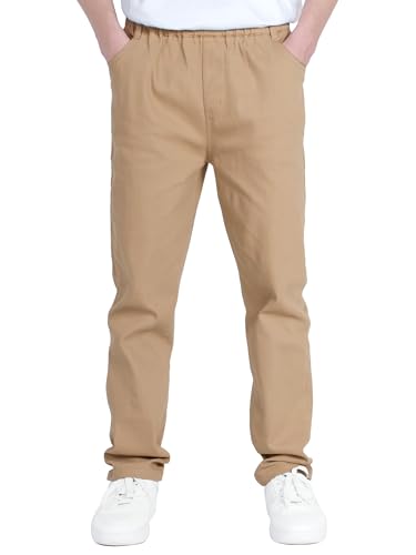 CAMLAKEE Jungen Chino Hose Kinder Jungs Straight Fit Chinohose mit Elastischem Bund L Khaki DE: 140-146 (Herstellergröße 140) von CAMLAKEE