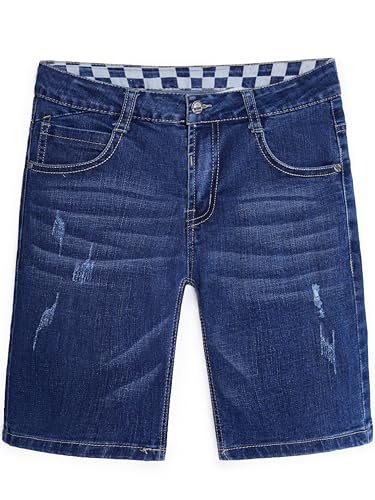 CAMLAKEE Jungen Jeansshorts Kinder Kurze Hosen Mädchen Jeans Bermuda Sommer Shorts mit Elastischer Bund Dunkelblau DE: 134-140 (Herstellergröße 140) von CAMLAKEE