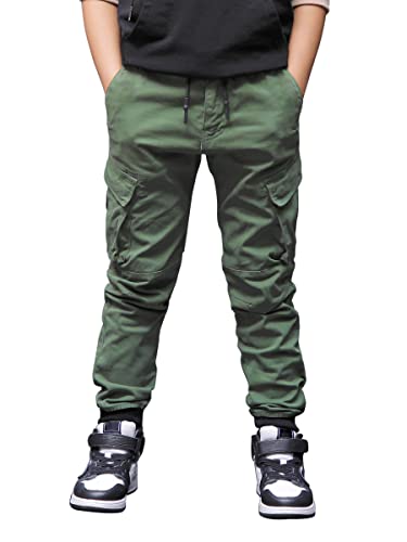 CAMLAKEE Jungen Jogger Hose aus Twil Kinder Slim Fit Cargohose mit elastischem Bund und Kordelzug, Armeegrün, 158-164/Herstellergröße 14 von CAMLAKEE