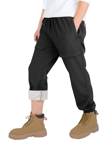 CAMLAKEE Jungen Wanderhose Kinder Wasserdicht Hose Gefüttert Trekkinghose Winter Softshellhose Thermo Warm Cargohose Jungs mit Verstellbarem Kordelzug Schwarz Fleece DE: 164-170 (Herstellergröße 170) von CAMLAKEE