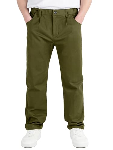 CAMLAKEE Kinder Chinohose Jungen Chino Stoff Hose mit Gummizug Reißverschluss Straight Fit Jungshose Armeegrün DE: 152-158 (Herstellergröße 150) von CAMLAKEE