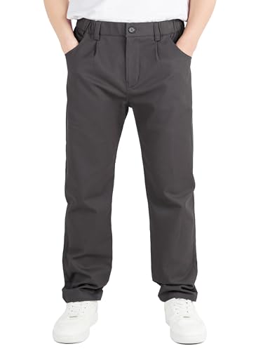 CAMLAKEE Kinder Chinohose Jungen Chino Stoff Hose mit Gummizug Reißverschluss Straight Fit Jungshose Dunkelgrau DE: 128-134 (Herstellergröße 130) von CAMLAKEE