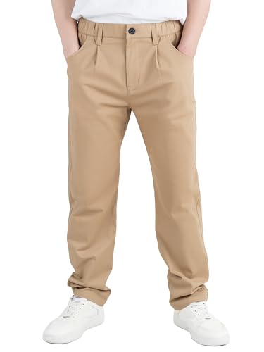 CAMLAKEE Kinder Chinohose Jungen Chino Stoff Hose mit Gummizug Reißverschluss Straight Fit Jungshose Dunkelkhaki DE: 152-158 (Herstellergröße 150) von CAMLAKEE