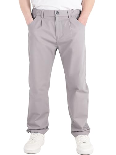 CAMLAKEE Kinder Chinohose Jungen Chino Stoff Hose mit Gummizug Reißverschluss Straight Fit Jungshose Hellgrau DE: 152-158 (Herstellergröße 150) von CAMLAKEE