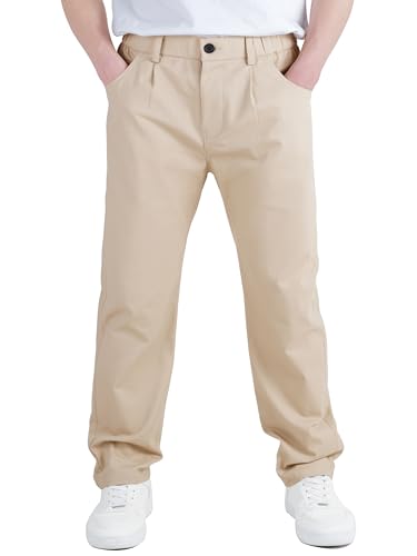 CAMLAKEE Kinder Chinohose Jungen Chino Stoff Hose mit Gummizug Reißverschluss Straight Fit Jungshose Hellkhaki DE: 158-164 (Herstellergröße 160) von CAMLAKEE